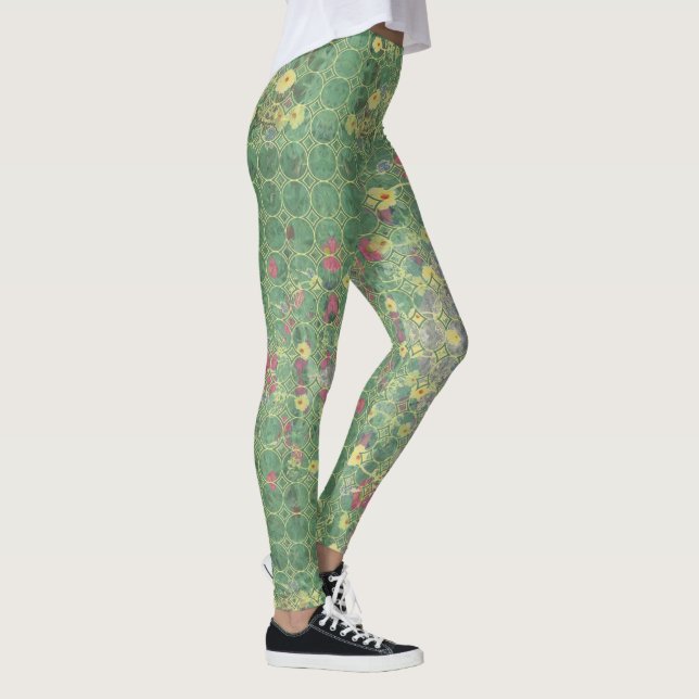 Blommig Grön Grå Kakel  Leggings (Höger)