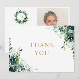 Blommig grön monogram firande av livsfoto tack kort