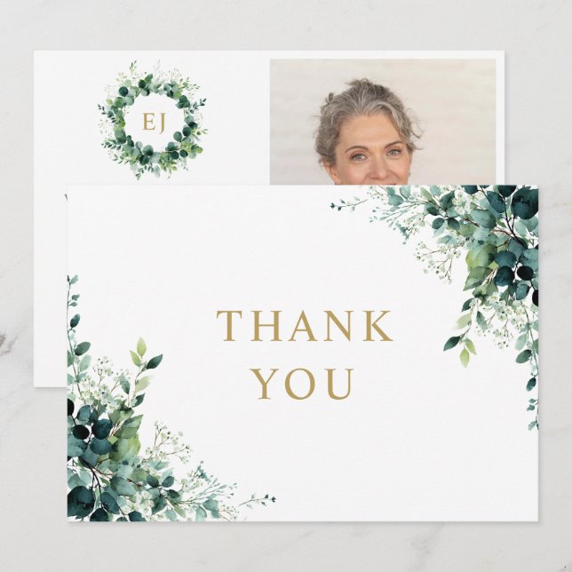 Blommig grön monogram firande av livsfoto tack kort (Fram/baksida)