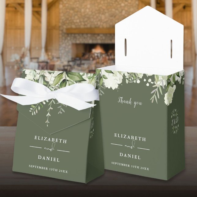 Blommig Grön Monogram Olivgrön Bröllop Presentaskar (Floral Greenery Monogram Olive Green Wedding Favor Boxes)