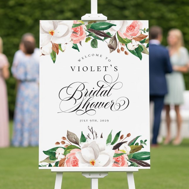 Blommig grön vit rosa bröllopsdusch välkomstskylt poster (Skapare uppladdad)