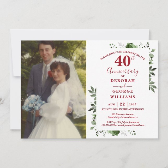 Blommig grönska 40-års bröllopsjubileumsfoto inbjudningar (Framsida)