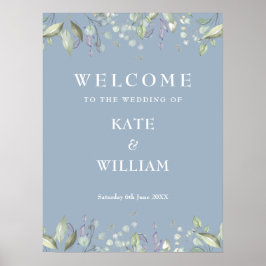 Blommig grönska Damblå bröllop Välkomstskylt Poster