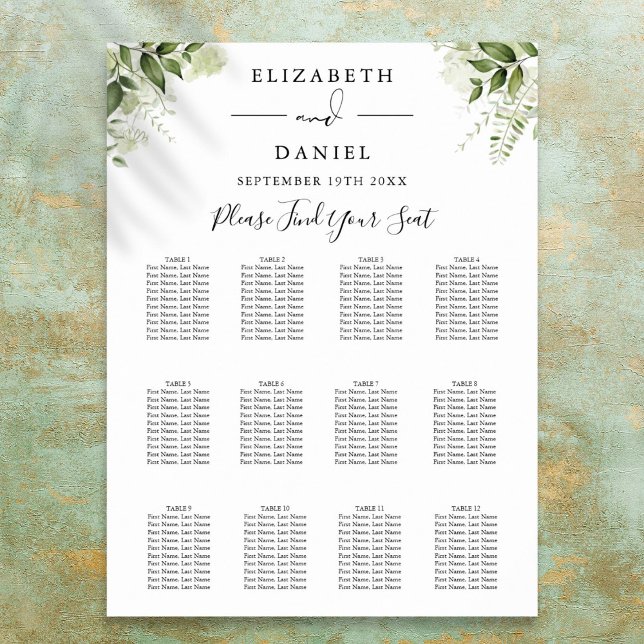 Blommig Grönska Elegant Bröllopsställningsdiagram Poster (Floral Greenery Elegant Wedding Seating Chart)