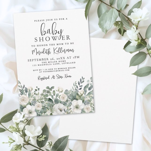 Blommig Grönska Eukalyptus Bebisens Första Steg Fe Inbjudningar (Floral Greenery Eucalyptus Baby Shower Invitation)