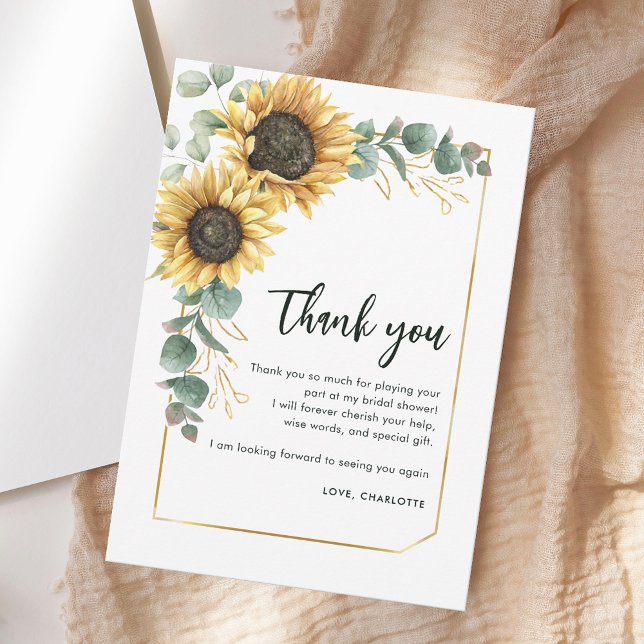 Blommig Grönska Solros Bröllopsfest Skriftlig Inbj Tack Kort (Floral Greenery Sunflower Script Bridal Shower Thank You Card)