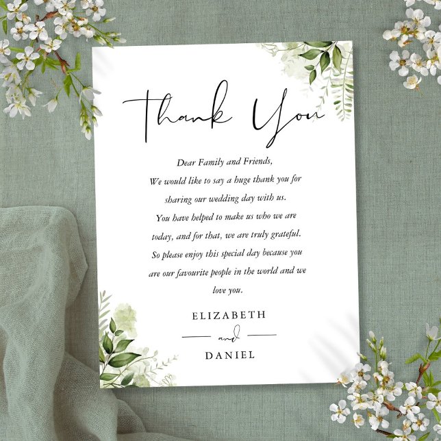Blommig Grönska Tack Du Bröllopsplatskort Vykort (Floral Greenery Thank You Wedding Place Card)