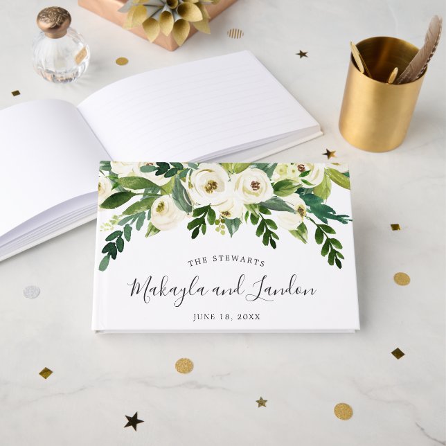 Blommig Grönska Vita Rosor Elegant Bröllop Gästböcker (Framsida öppen)