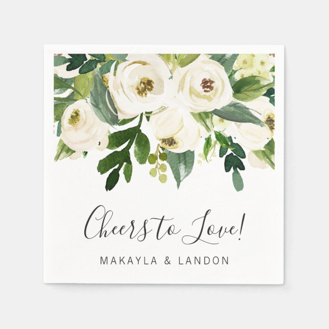 Blommig Grönska Vita Rosor Elegant Bröllop Pappersservett (Framsidan)