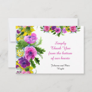 Blommig, gul, lila, fuchsia... en glädjefull tack kort