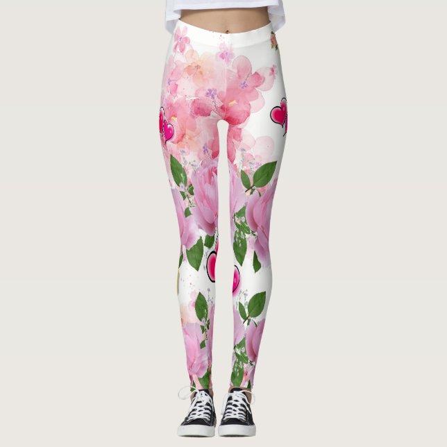 Blommig gul nagellack Rosa hjärtan Leggings (Framsida)