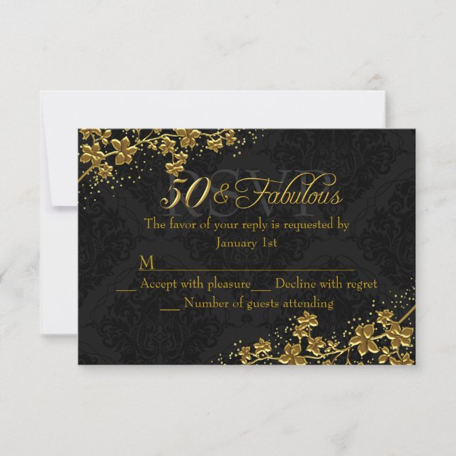 Blommig Guld 50 & Fantastisk Födelsedags RSVP OSA Kort (Framsida)