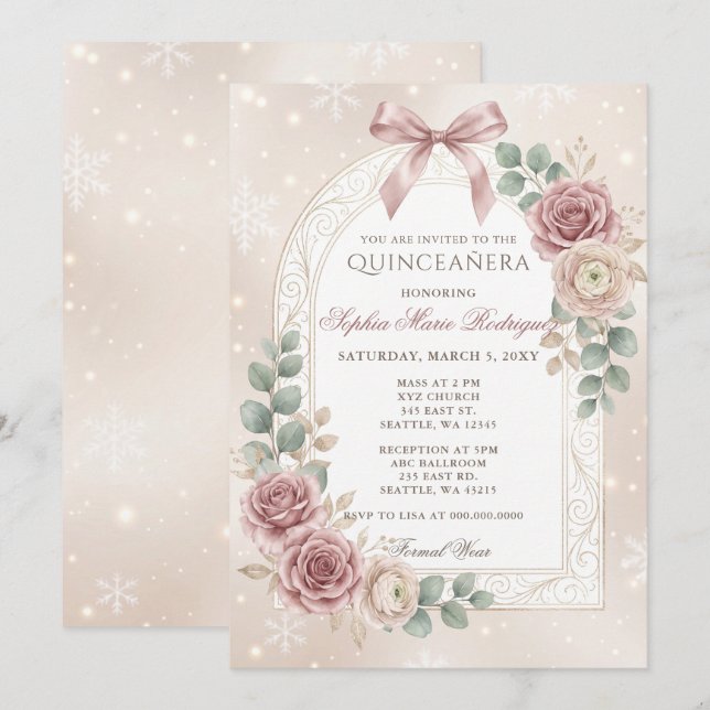 Blommig guld dammig ros båge snöflingor Quinceaner Inbjudningar (Fram/baksida)