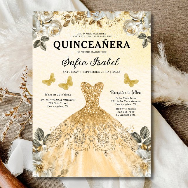 Blommig Guld Fjärilsprinsessa Quinceanera Inbjudningar (Skapare uppladdad)