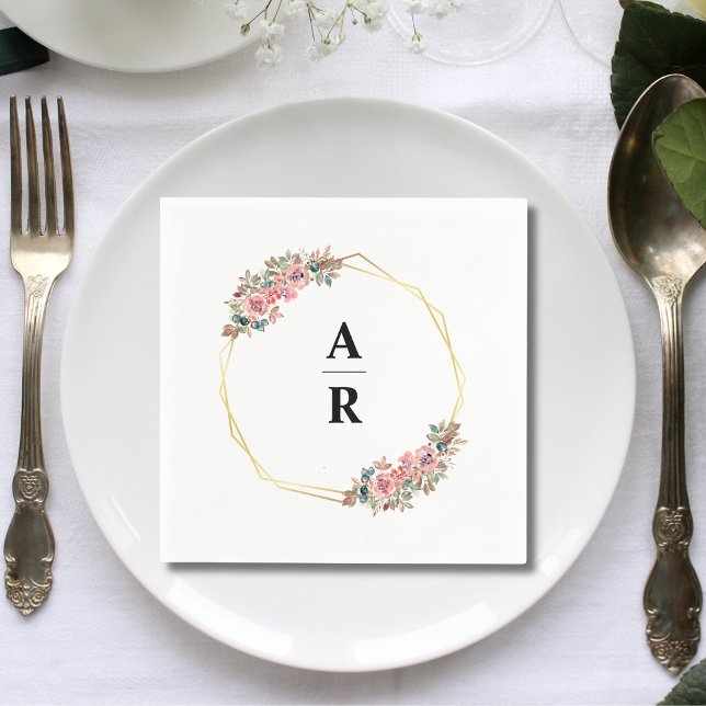 Blommig Guld Geometrisk Ram Bröllopsmonogram Pappersservett (Floral gold geometric frame monogram napkins add elegant sparkle to your wedding table)