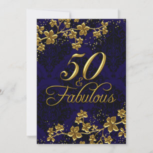 Blommig Guld Kunglig Blå 50 & Fantastisk Inbjudan