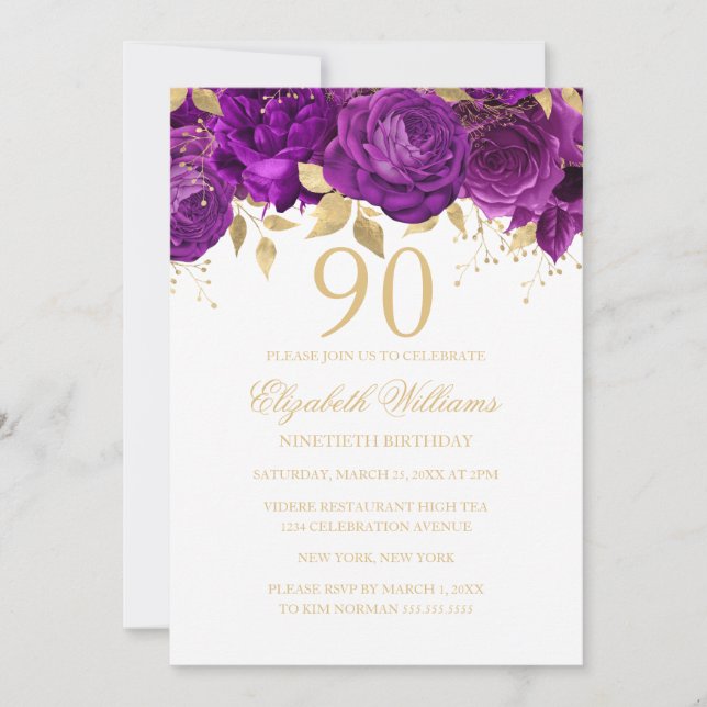 Blommig guld purpurros 90-årsdag inbjudningar (Framsida)