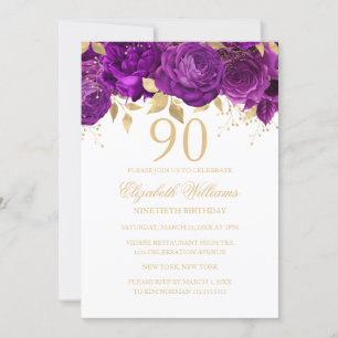 Blommig guld purpurros 90-årsdag inbjudningar