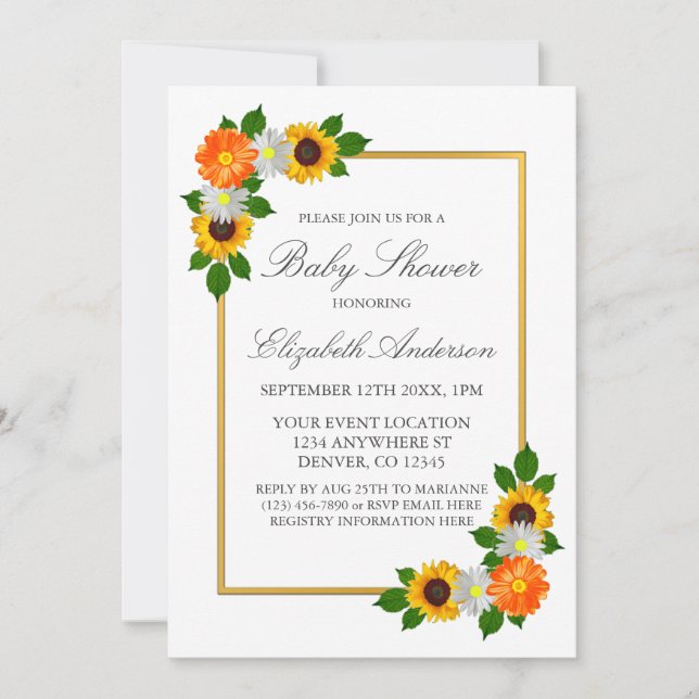 Blommig Guld Ram Baby Shower Inbjudningar (Framsida)