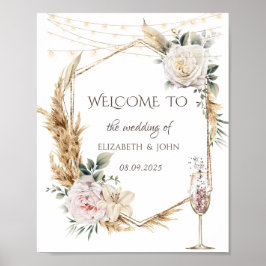 Blommig guld ram champagneglas poster