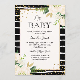 Blommig Guld Svart Vit Oh Baby Shower Inbjudan