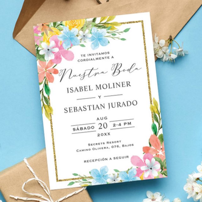 Blommig guldkant Nuestra Boda spansk bröllop Inbjudningar (Skapare uppladdad)