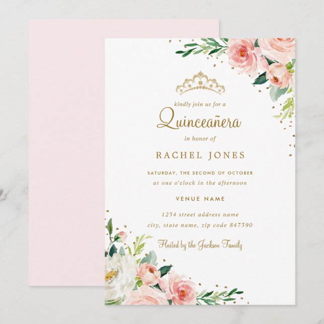 Blommig Guldröd Quinceanera Inbjudningar (Fram/baksida)