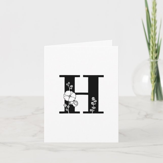 Blommig H-monogram på vit notkortsedel Anteckningskort (Framsida)