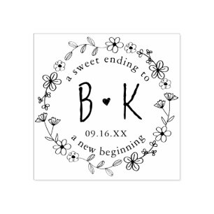 Blommig handritad krans monogram datum bröllop stämpel