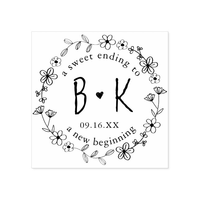 Blommig handritad krans monogram datum bröllop stämpel (Tryck)