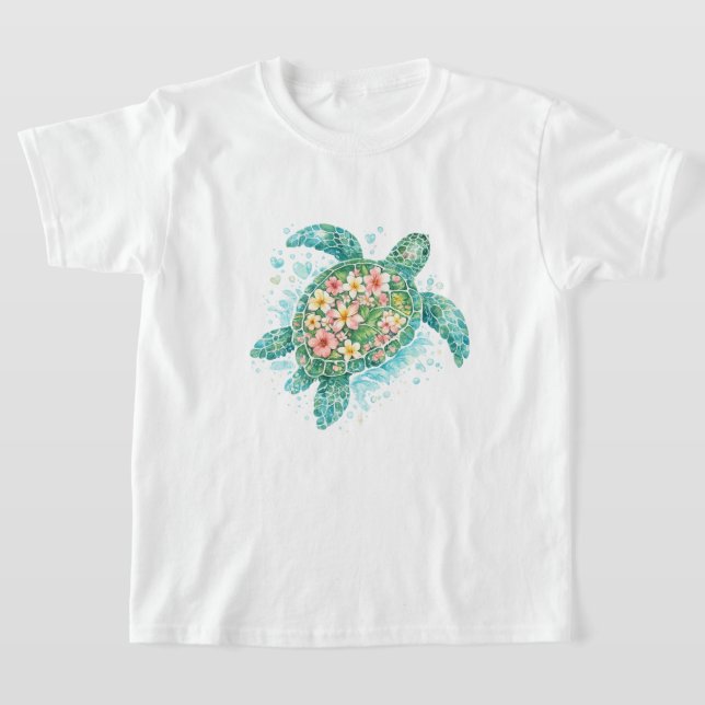 Blommig Havssköldpadda Barn T-Shirt (Laydown)