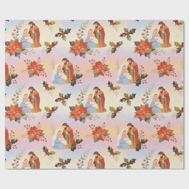 Blommig Heliga Familjen Julkrubba TMF26 Presentpapper (Platt)