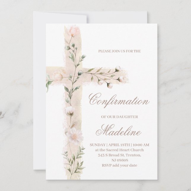 blommig Heliga korsets konfirmation Inbjudningar (Framsida)