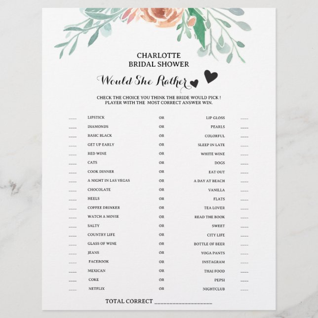Blommig 'Hellre hon än' Bröllopsduschspel Reklamblad (Framsidan)