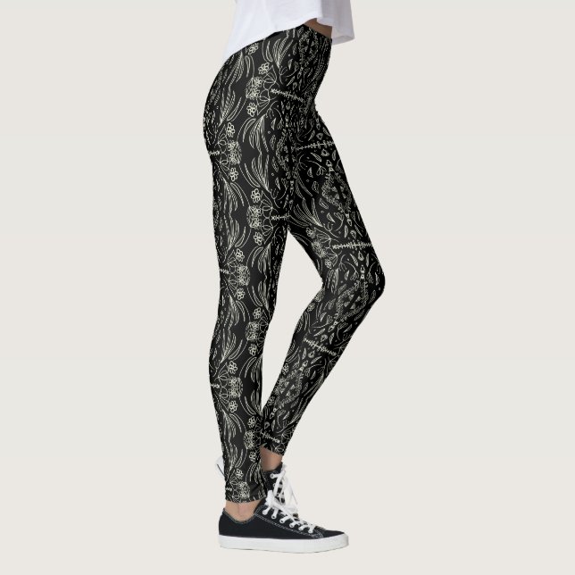 Blommig Henna Mandala Svart Mönster Leggings (Höger)