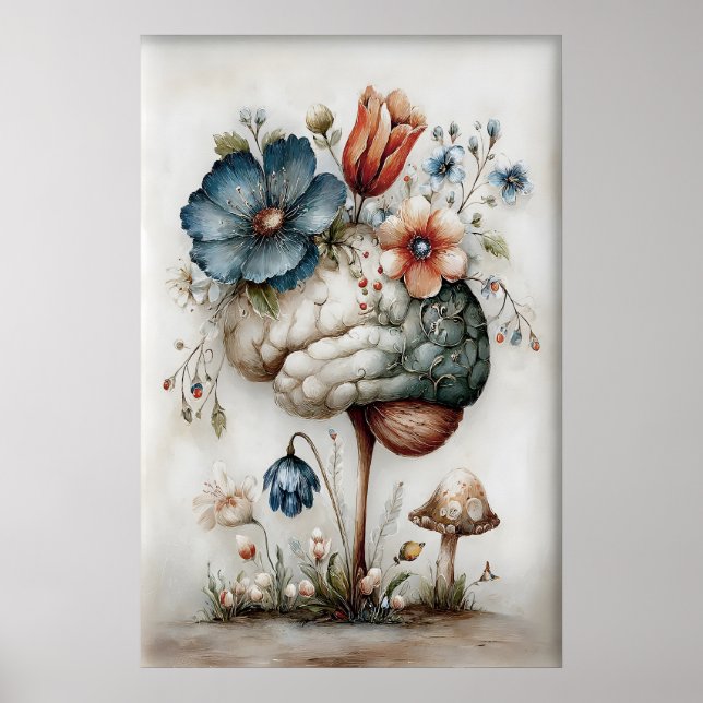 Blommig hjärnkonsttryck, botanisk surrealism poster (Framsidan)
