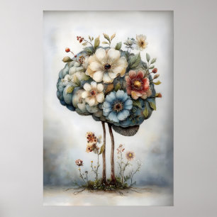 Blommig hjärntryck, botanisk hjärnillustration poster