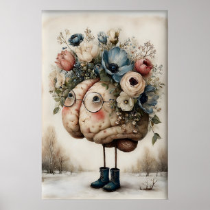 Blommig hjärntryck, botanisk hjärnillustration poster