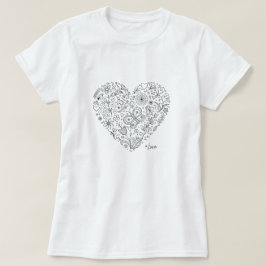 Blommig Hjärt-Doodle Romantisk Botanisk Linje Kons T Shirt