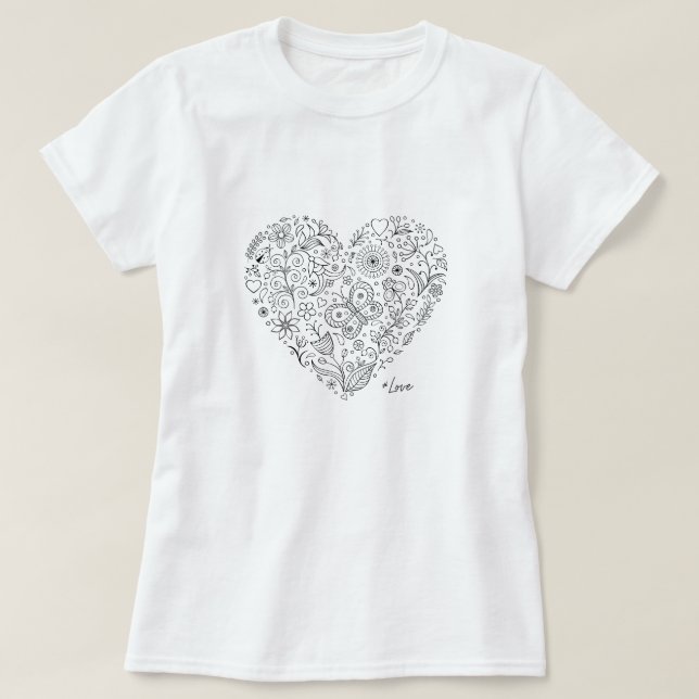 Blommig Hjärt-Doodle Romantisk Botanisk Linje Kons T Shirt (Design framsida)