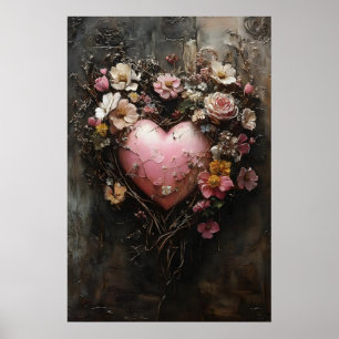 Blommig hjärta Alla hjärtans dag tryck, Mörk akade Poster