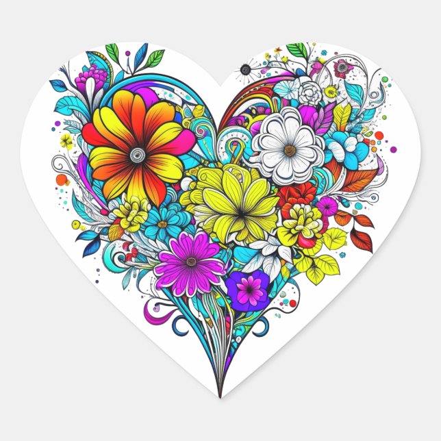 Blommig hjärta vacker färgrik hjärtformat klistermärke (Framsida)