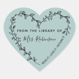 Blommig Hjärtkrans Bibliotek Rustik Teal Hjärtformat Klistermärke