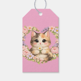 Blommig Hjärtlig Kawaii konst Kattunge Presentetikett