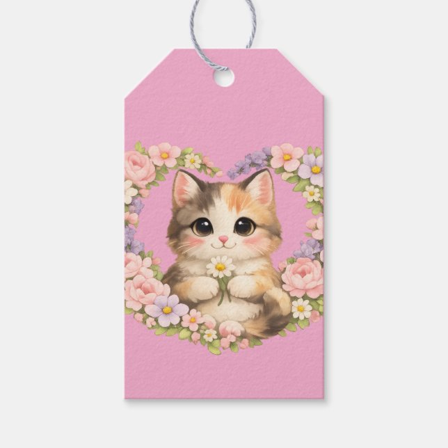 Blommig Hjärtlig Kawaii konst Kattunge  Presentetikett (Framsidan)
