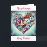 Blommig hjärtlig romantisk personlig jul helgkort<br><div class="desc">Vacker turkos bakgrund med röda rosor och färgglada blommor i fantasifull folkkonststil blomsterhjärta. Lägg till en bild av dig och din partner i det personliga området. Söt romantisk julkort. Allt jag vill ha för jul är oss.</div>