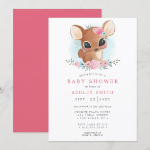 Blommig Hjort Söt Skogsdjur Flick Baby Shower Inbjudningar
