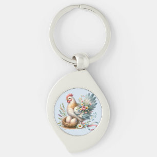 Blommig höna med ägg Vintage lantlig charm Swirl Silverfärgad Nyckelring