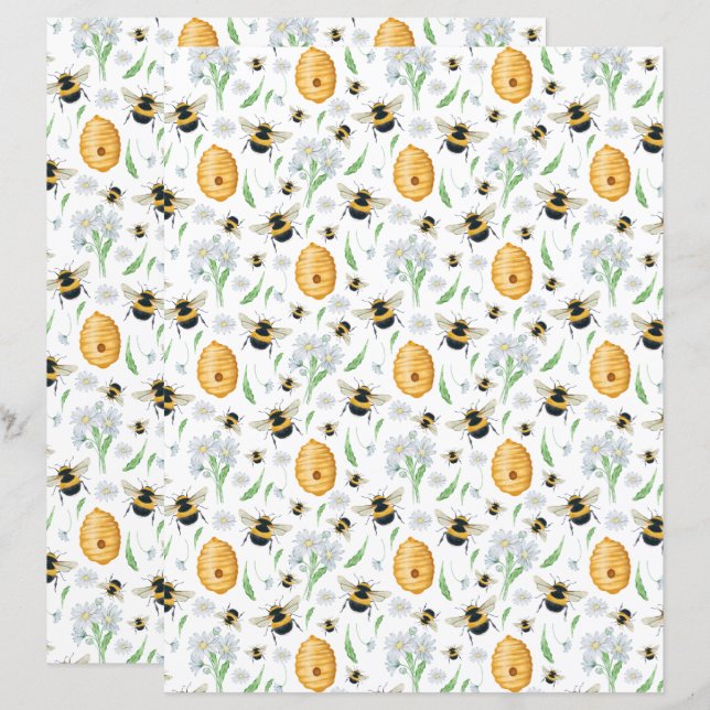 Blommig Honungsbin Scrapbookpapper (Fram/baksida)
