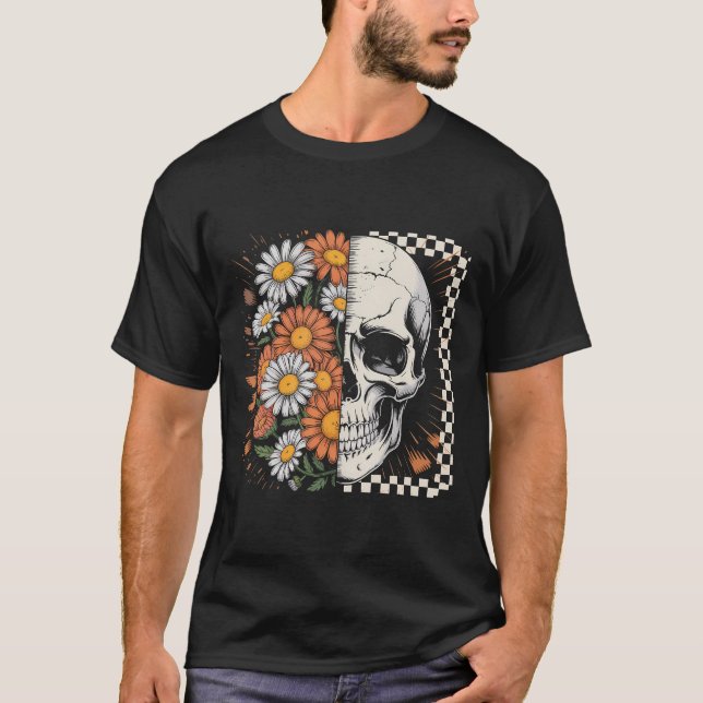 Blommig Höst Skelett Boho Halloween T Shirt (Framsida)